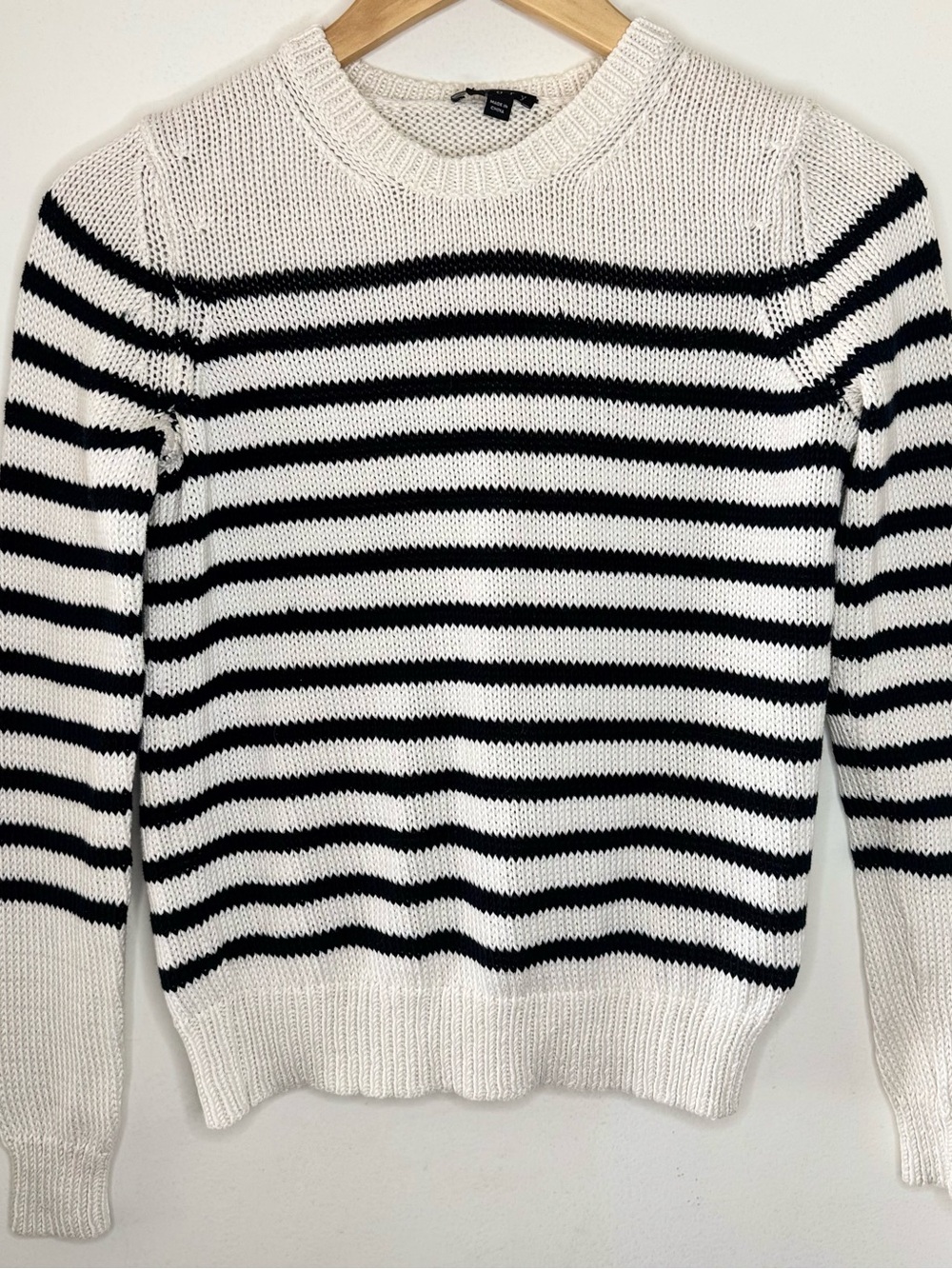 Theory White W Black Stripe Cotton Knit Crewneck Sweater Women’s Small Preppy EU